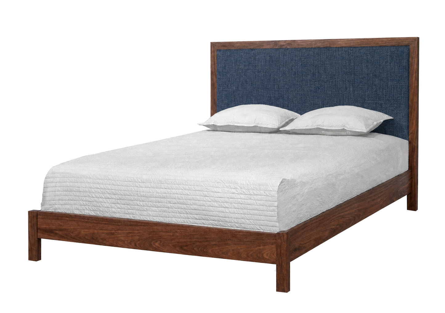 A modern platform bed with a dark brown wood frame and a blue upholstered headboard, shown with white bedding and two pillows on a solid white background.