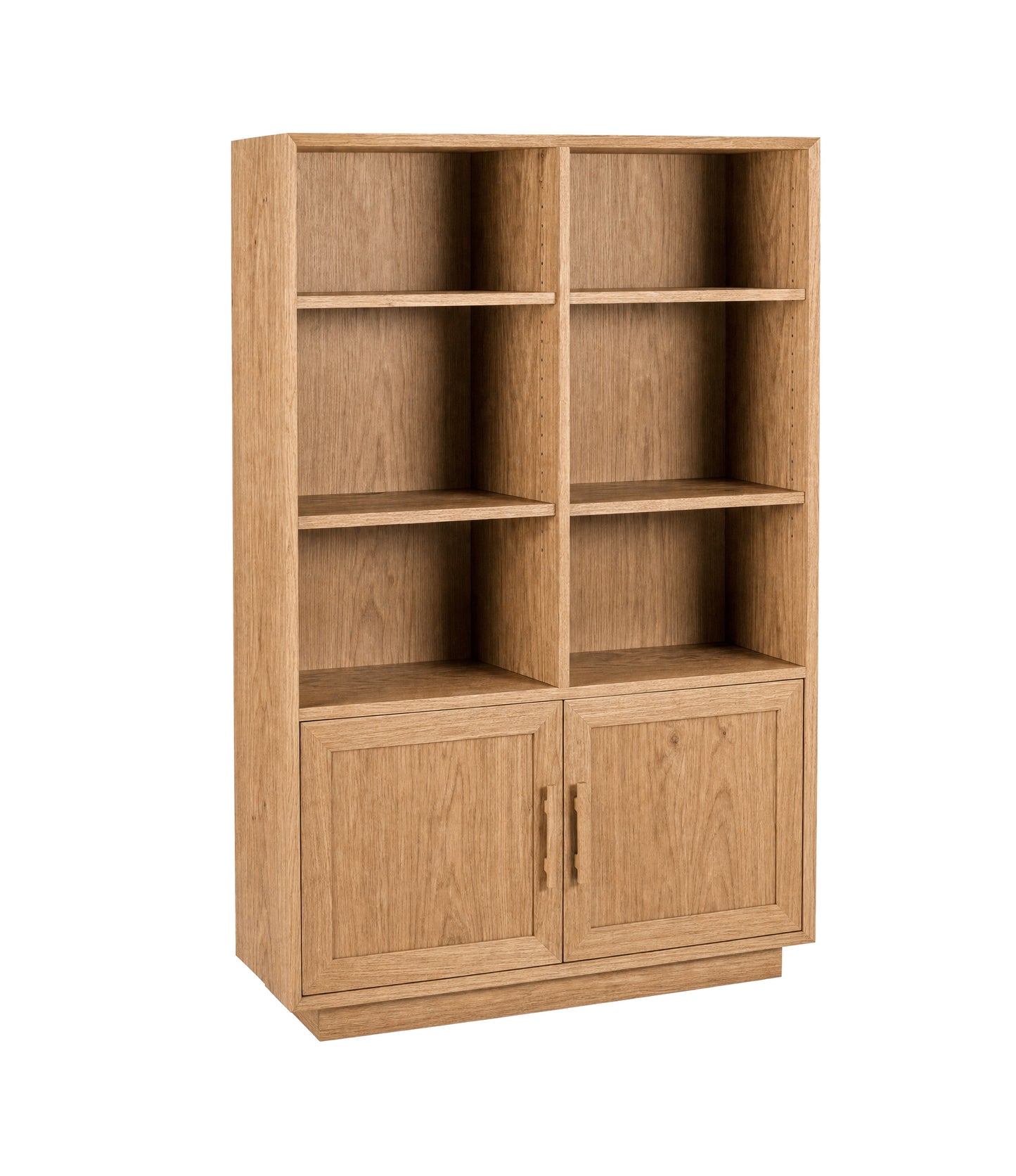 A tall wooden bookcase with six open shelves on the upper section and two cabinet doors on the lower section, shown on a plain white background.