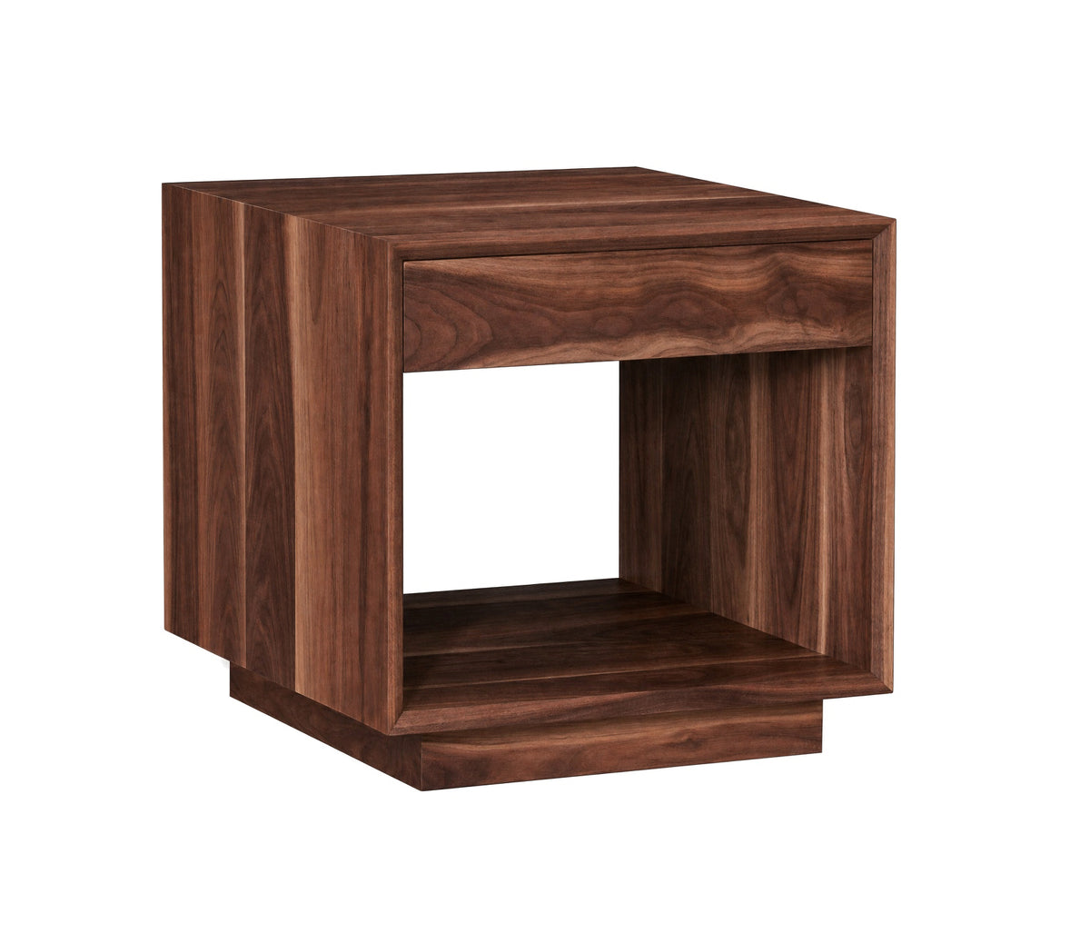 A modern wooden side table with a dark brown walnut finish, featuring a single drawer and an open cubby shelf, shown on a solid white background.