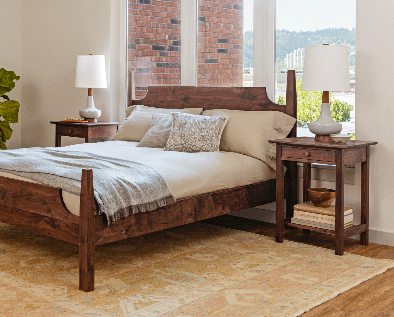 Handcrafted Shaker Nightstands in Western Walnut with Arts and Crafts Wooden Bed Frame