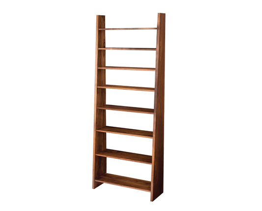 Wooden ladder shelf with five shelves on a white background