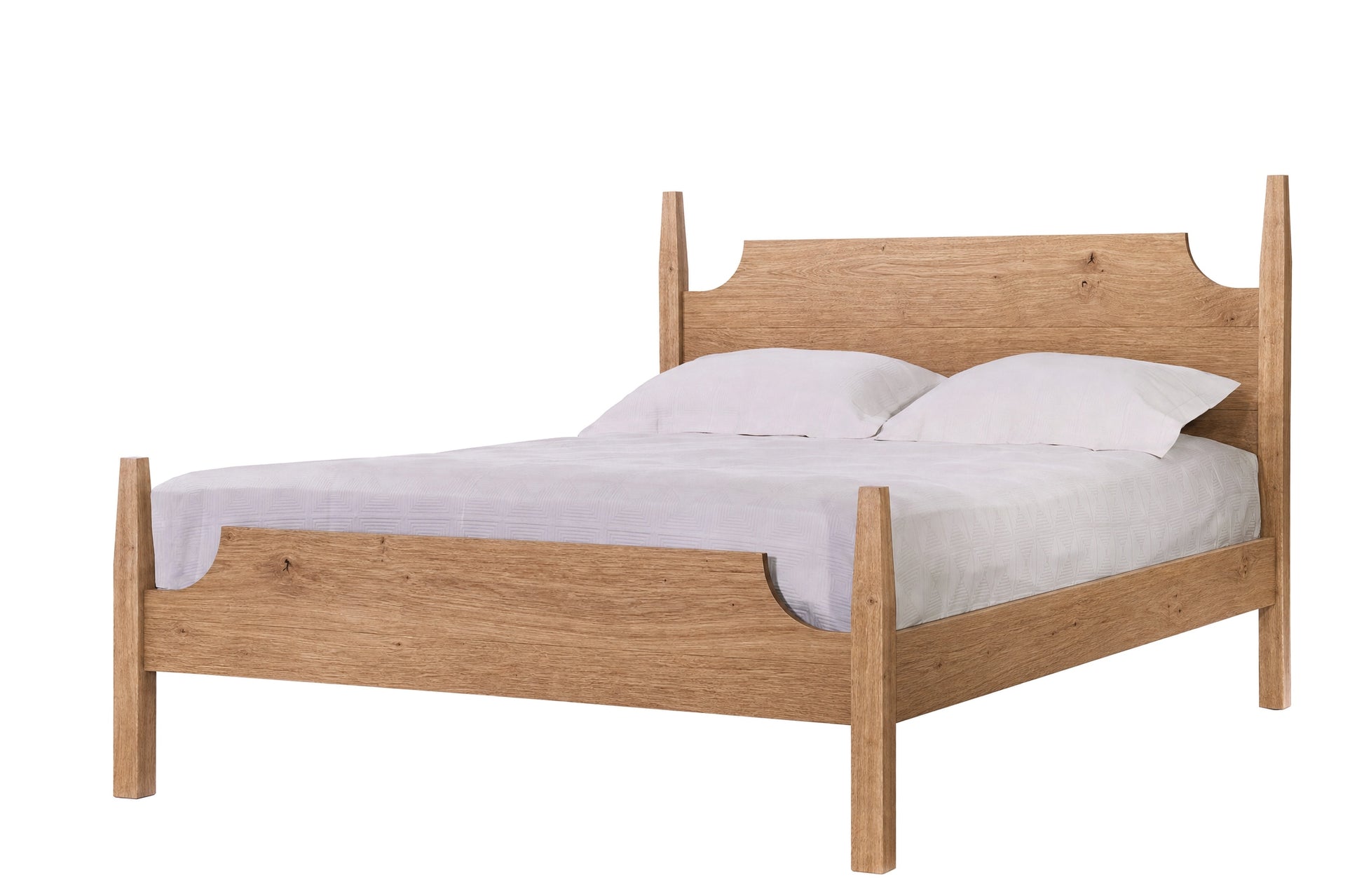 A light oak wood bed frame with a curved headboard and footboard, styled with white bedding and two pillows, isolated on a white background.
