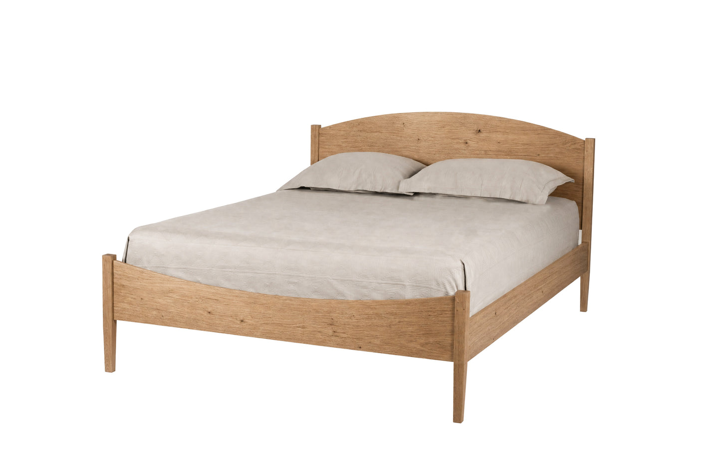 A light oak wood bed frame with a curved headboard and footboard, shown with a beige sheet and two pillows on a solid white background.
