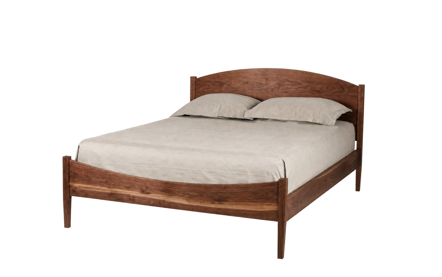 A dark Walnut wood platform bed frame with a curved headboard and footboard, shown with beige bedding and two pillows on a solid white background.