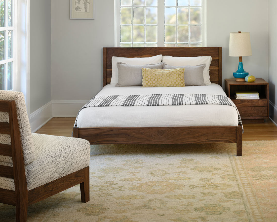 Modern Simple Bed in Eastern Walnut with Modern Nightstand and Slipper Chair