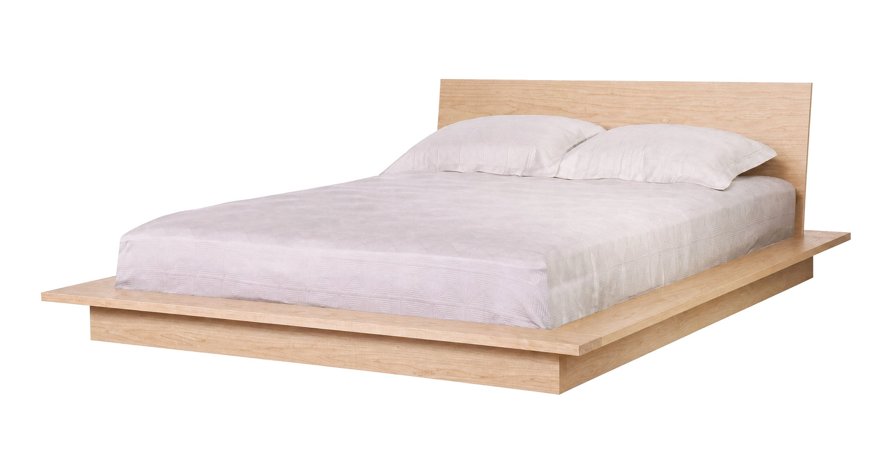 A modern platform bed with a light Maple wood frame and headboard, dressed in white bedding and two pillows, shown against a plain white background.