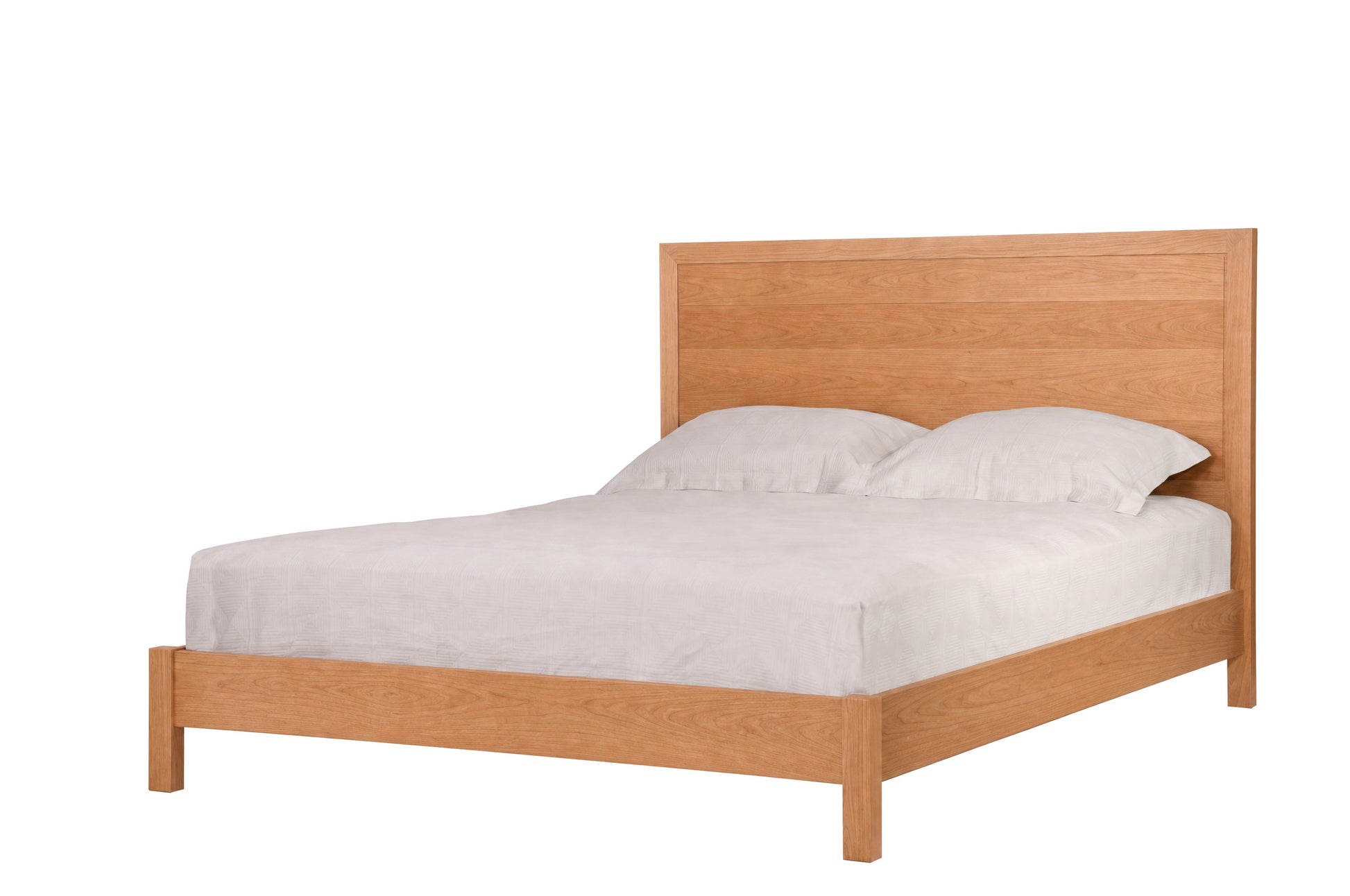 A Cherry wood bed frame with a tall panel headboard and matching footboard, shown with white bedding and two white pillows on a solid white background.