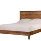 A modern Walnut wooden bed frame with a tall rectangular headboard and matching footboard, shown with white bedding and two pillows on a plain white background.