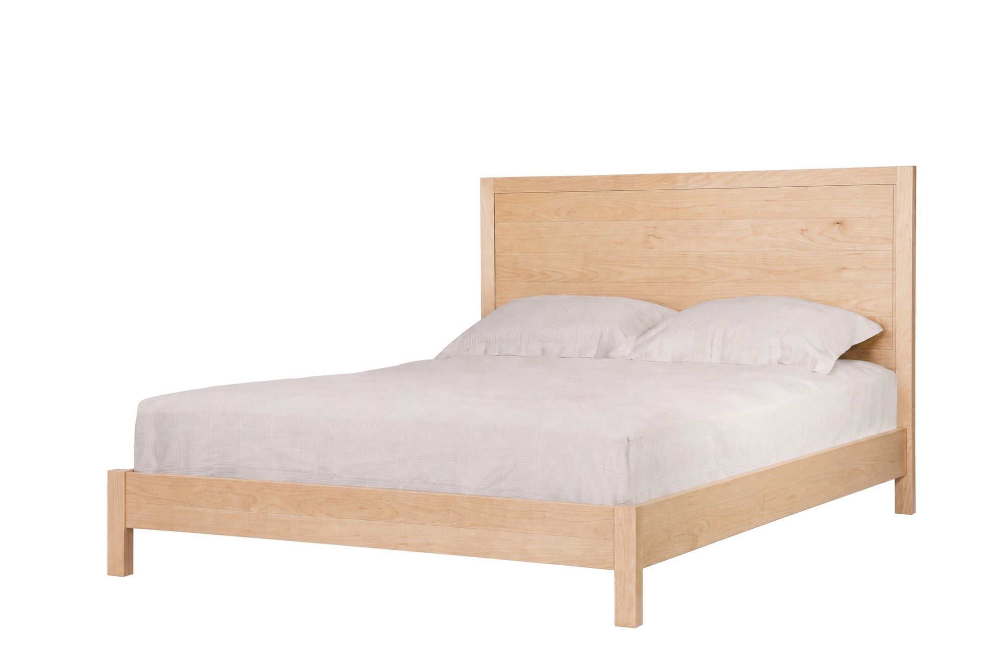 A light Maple wood platform bed frame with a tall rectangular headboard, shown with white bedding and two white pillows on a plain white background.