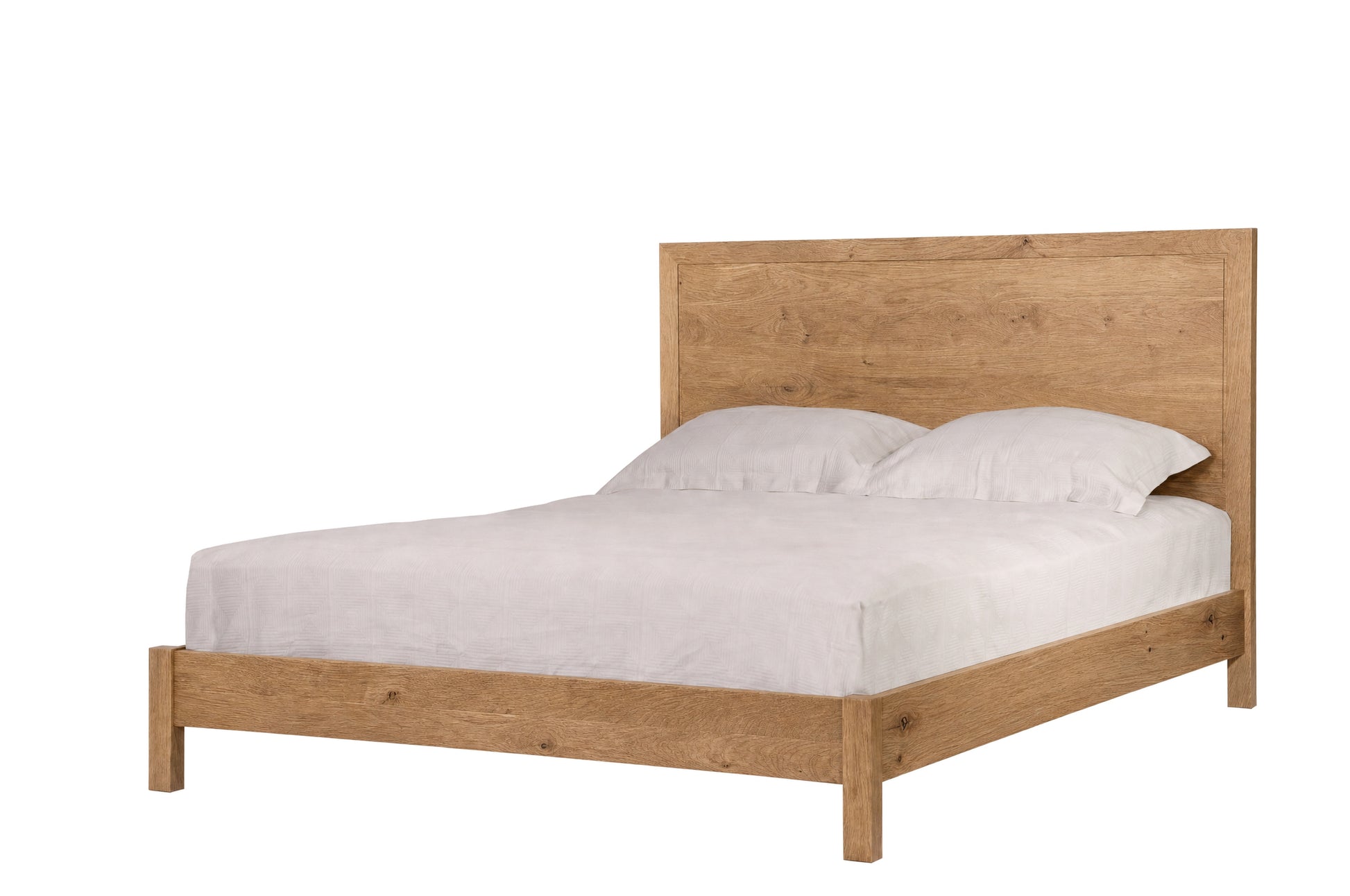 A light oak wood bed frame with a tall rectangular headboard and matching footboard, shown with white bedding and two white pillows on a solid white background.