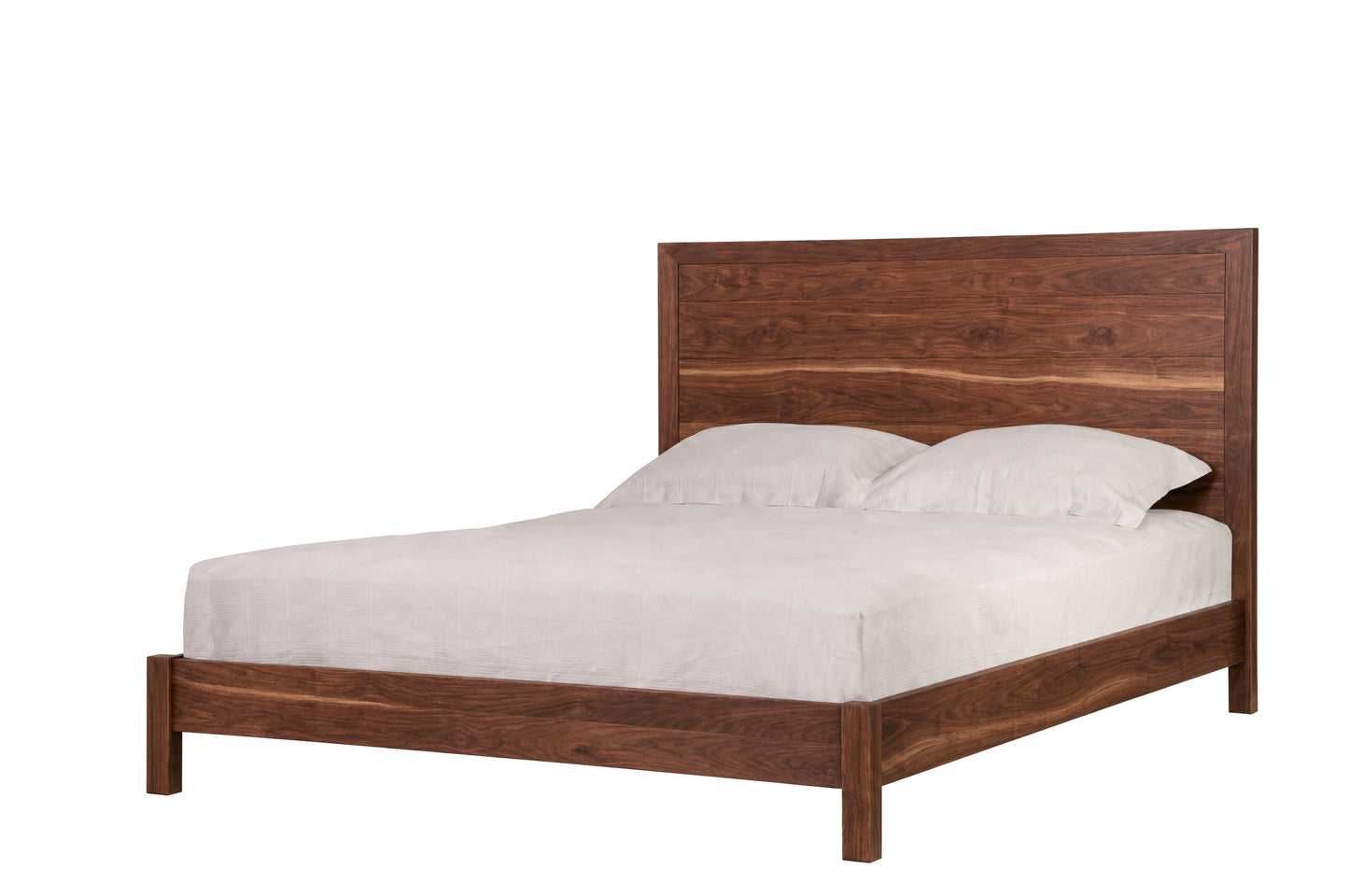 A dark Walnut wood bed frame with a tall rectangular headboard and matching footboard, shown with white bedding and two white pillows on a solid white background.