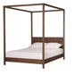 A Walnut wooden four-poster bed frame with a headboard, shown with white bedding and pillows on a solid white background.