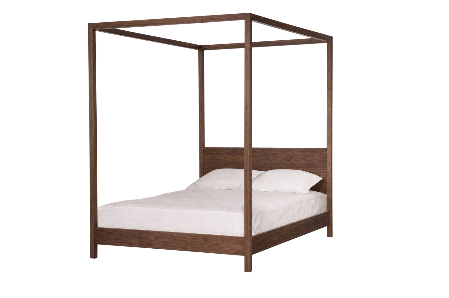 A Walnut wooden four-poster bed frame with a headboard, shown with white bedding and pillows on a solid white background.
