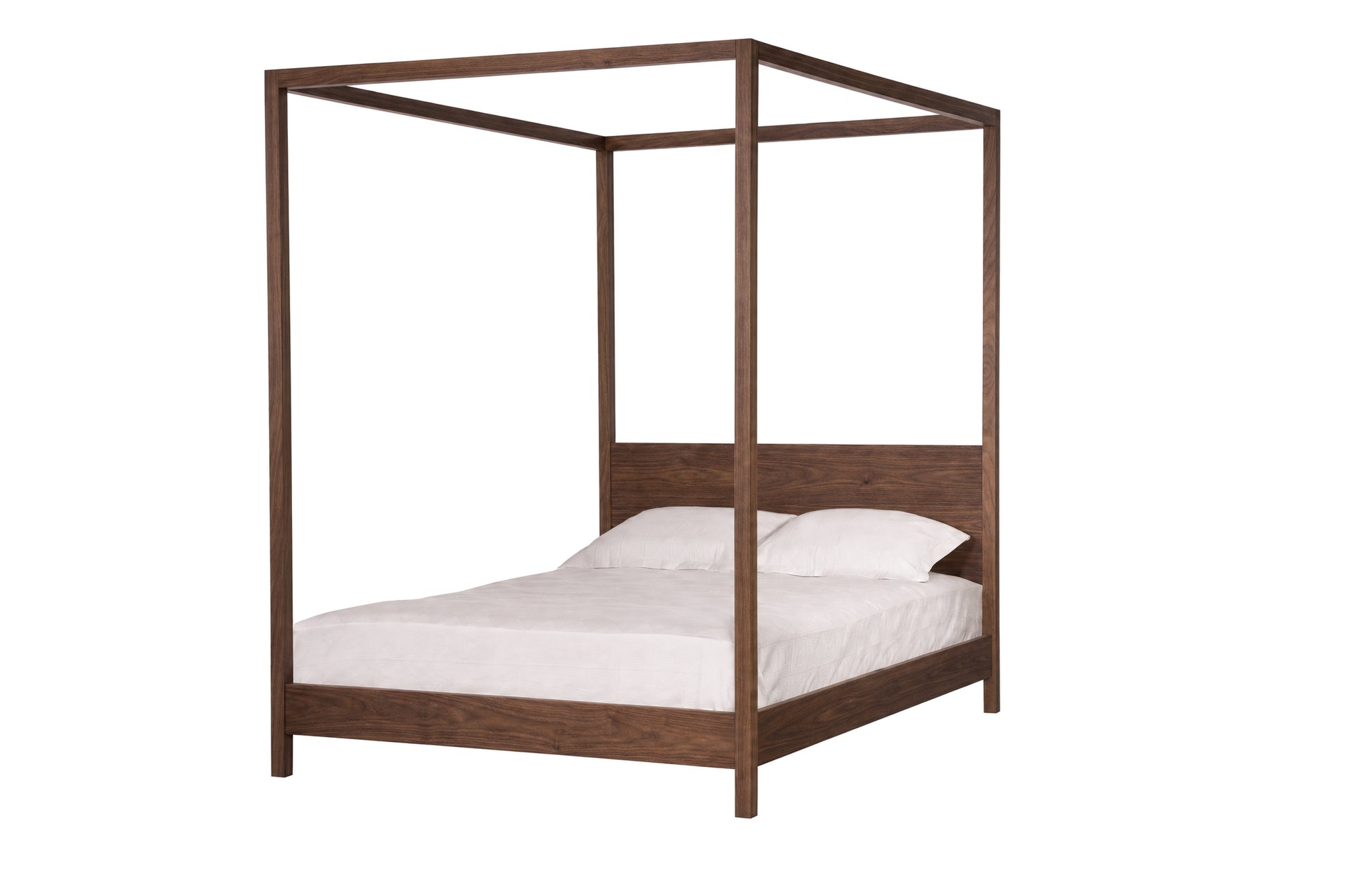 A Walnut wooden four-poster bed frame with a headboard, shown with white bedding and pillows on a solid white background.