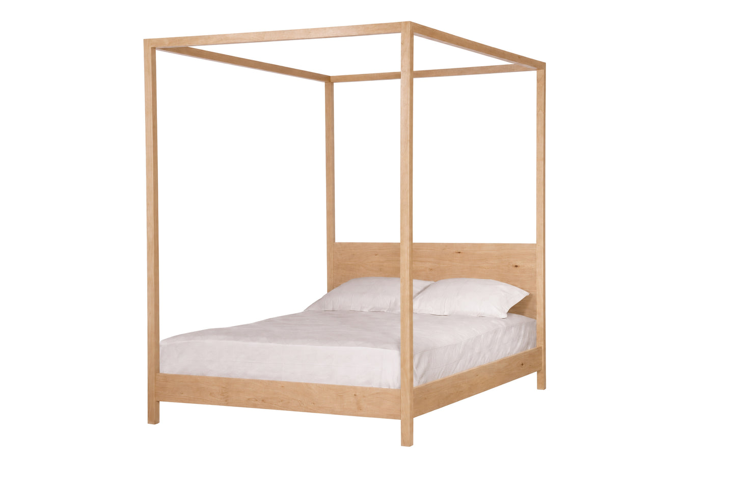 A light Maple wood four-poster canopy bed with a white mattress and two white pillows, shown against a plain white background.