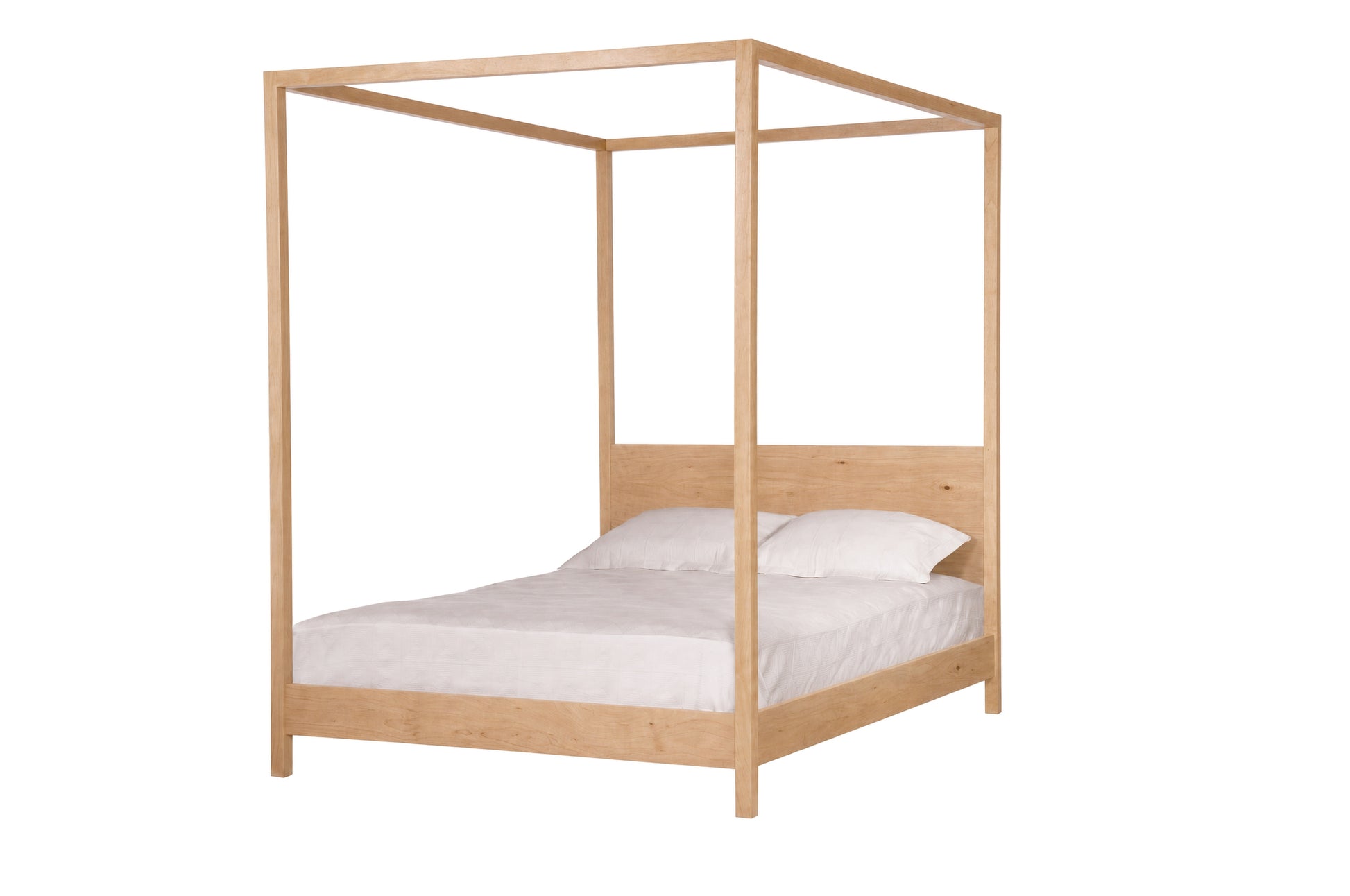 A light Maple wood four-poster canopy bed with a white mattress and two white pillows, shown against a plain white background.