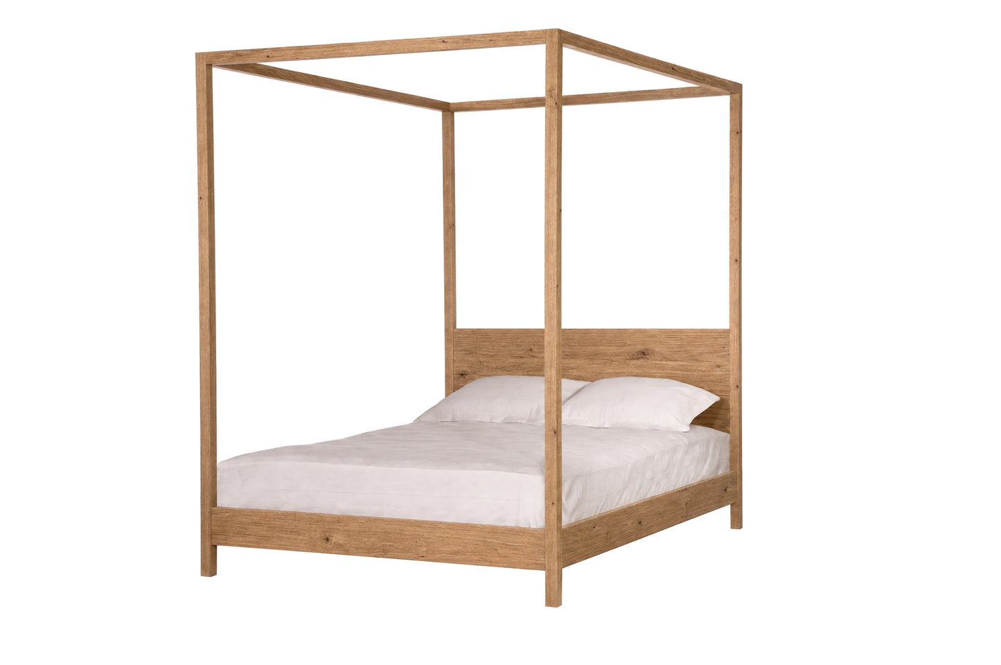 A light Oak wood four-poster canopy bed with a white mattress and two white pillows, shown against a plain white background.