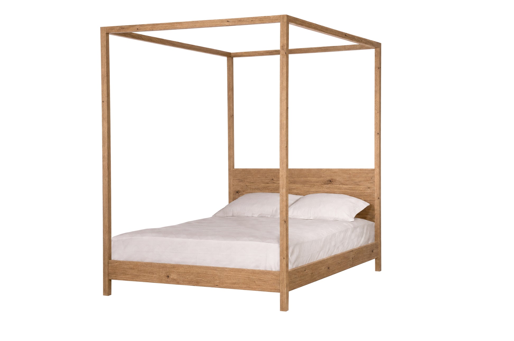 A light Oak wood four-poster canopy bed with a white mattress and two white pillows, shown against a plain white background.