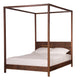 A dark brown Walnut wooden four-poster bed frame with a headboard, shown with white bedding and pillows on a solid white background.