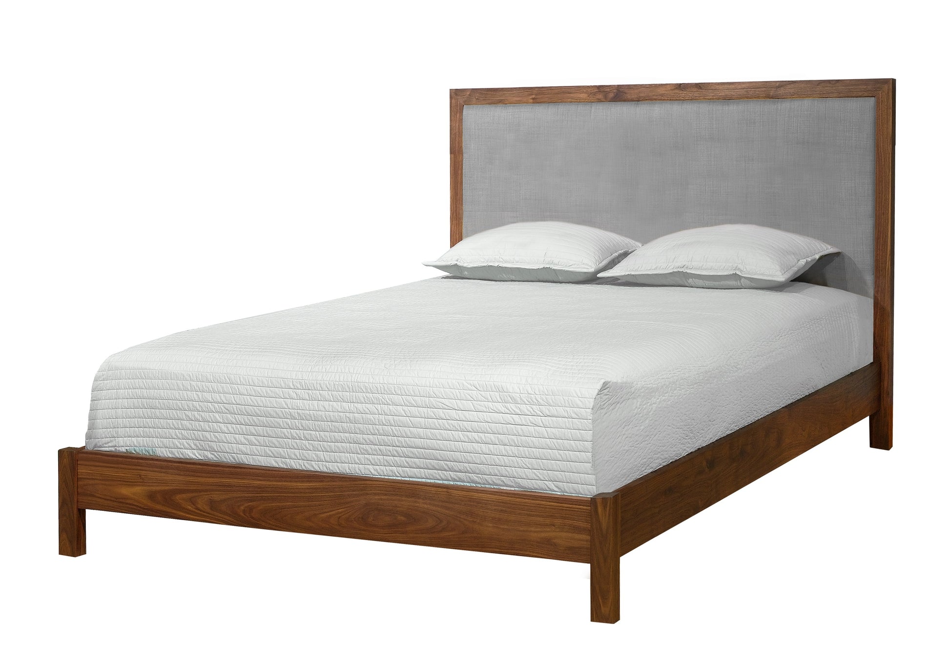 A modern wooden bed frame with a gray upholstered headboard, shown with white bedding and two pillows on a plain white background.