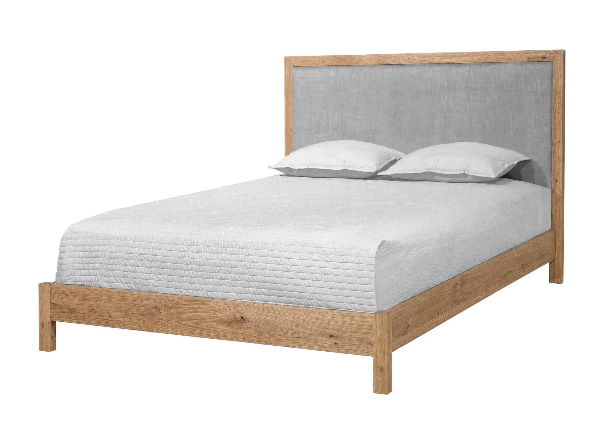 A modern platform bed with a light oak wood frame and a gray upholstered headboard, shown with white bedding and two pillows on a solid white background.