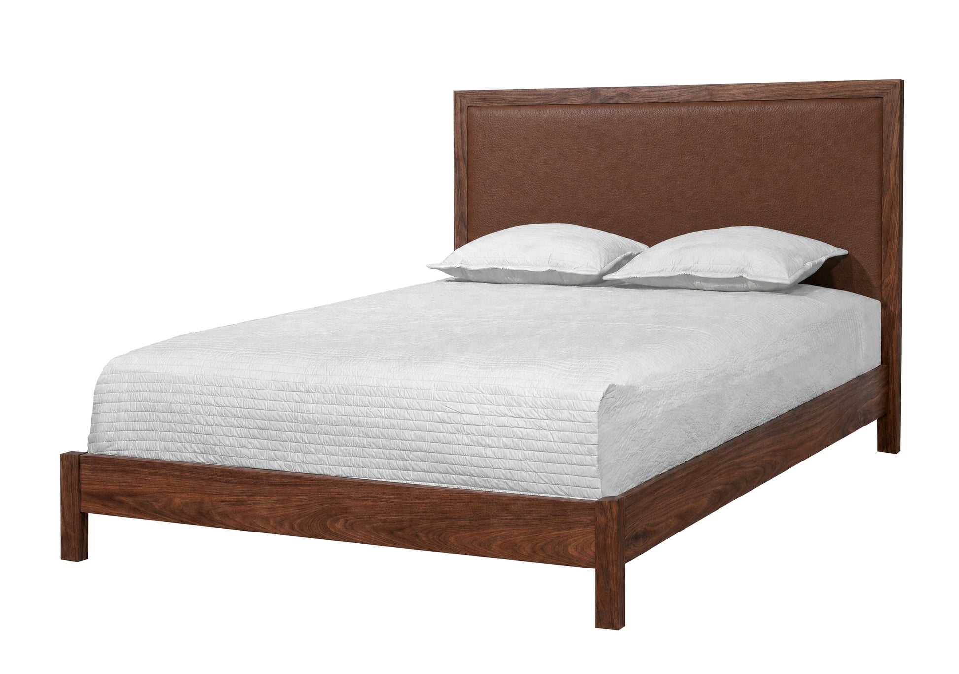 A wooden bed frame with a tall upholstered headboard in a warm brown tone, shown with white bedding and two pillows on a plain white background.