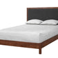 A wooden bed frame with a dark gray upholstered headboard, shown with white bedding and two white pillows on a plain white background.