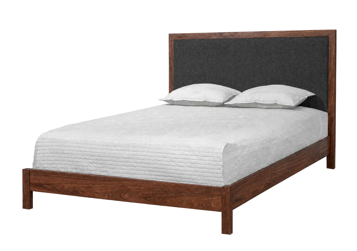 A wooden bed frame with a dark gray upholstered headboard, shown with white bedding and two white pillows on a plain white background.