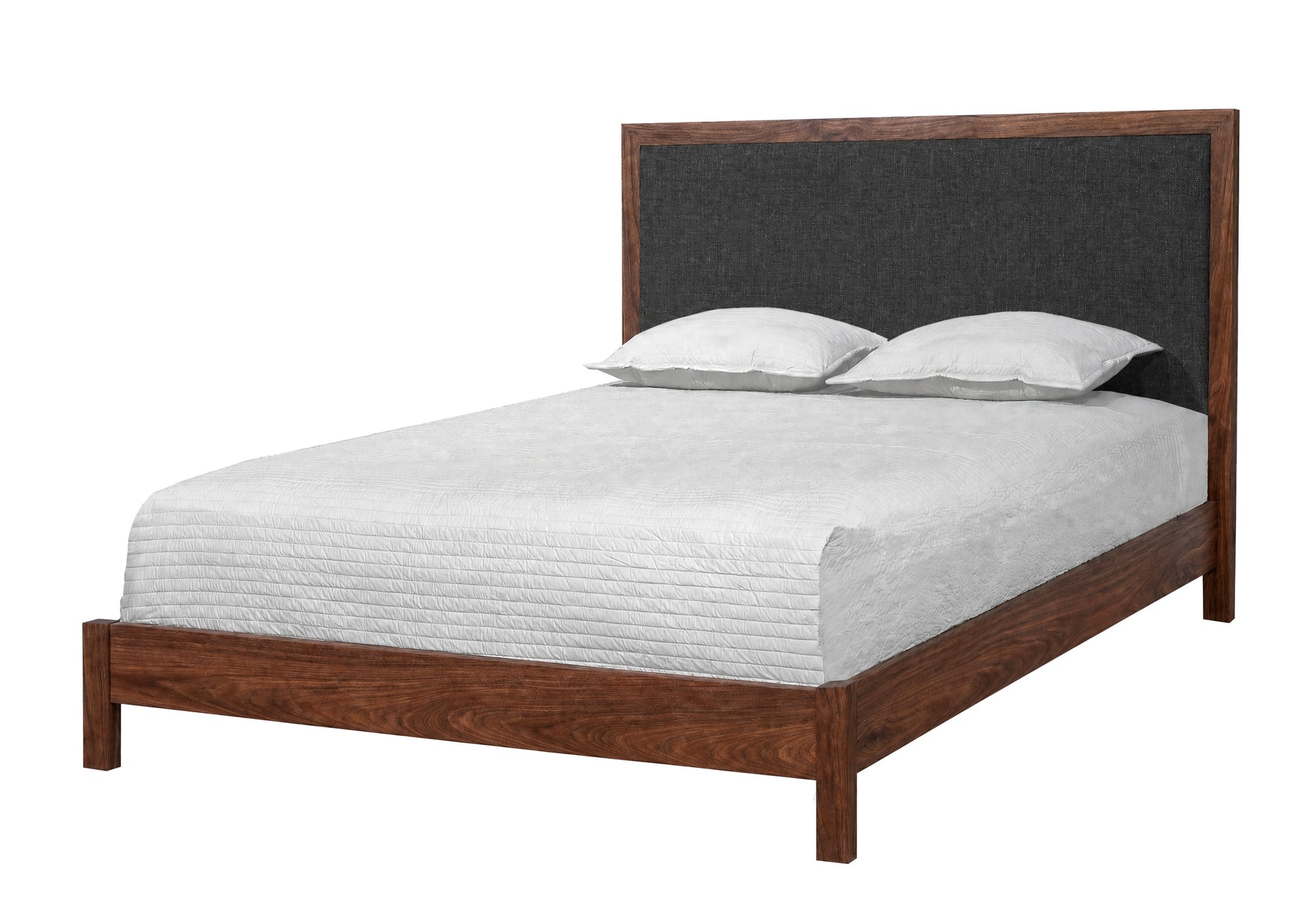 A wooden bed frame with a dark gray upholstered headboard, shown with white bedding and two white pillows on a plain white background.