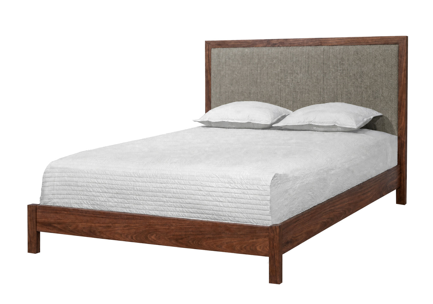 A modern wooden bed frame with a dark brown wood base and headboard, featuring a light gray upholstered panel on the headboard and styled with white bedding and two pillows, shown on a solid white background.