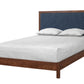 A modern platform bed with a dark brown wood frame and a blue upholstered headboard, shown with white bedding and two pillows on a solid white background.