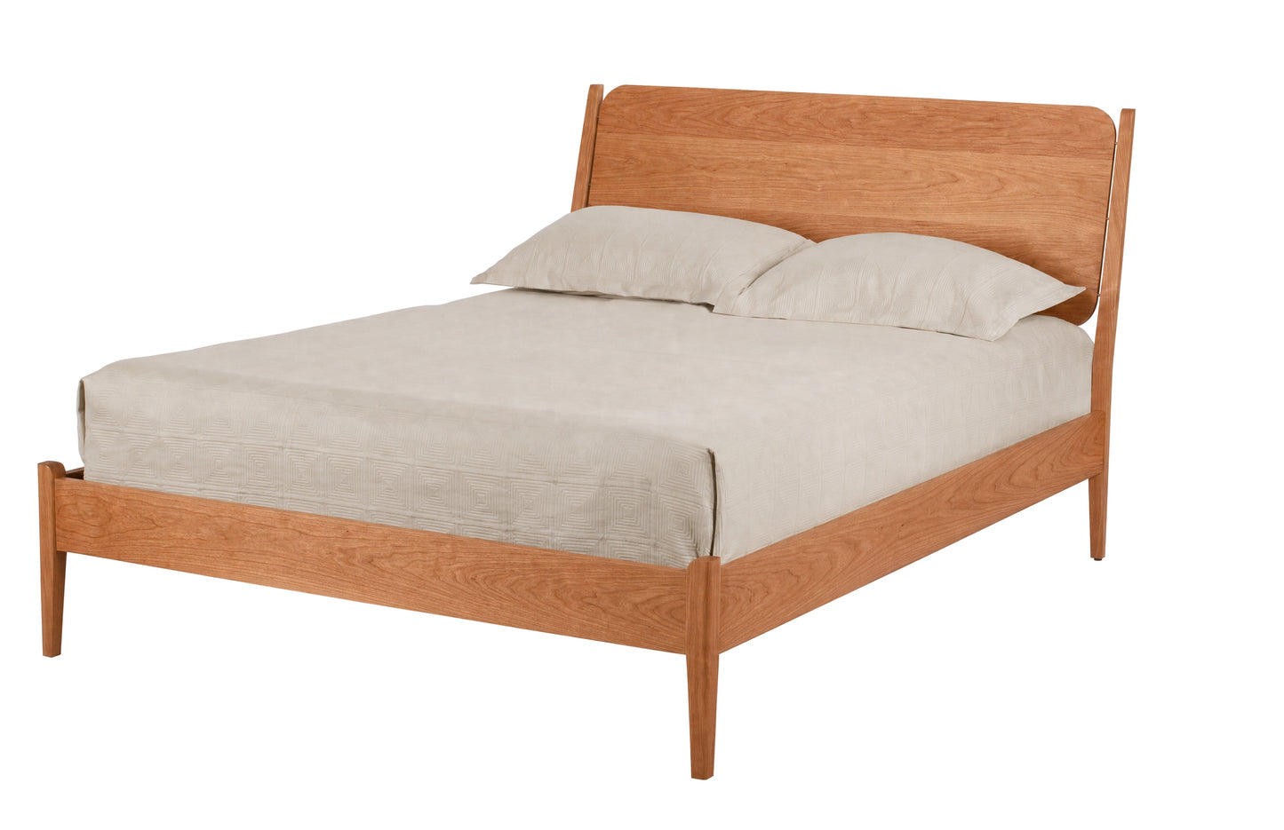 A mid-century modern wooden bed frame with a warm oak finish, shown with a light beige sheet and two pillows against a solid white background.