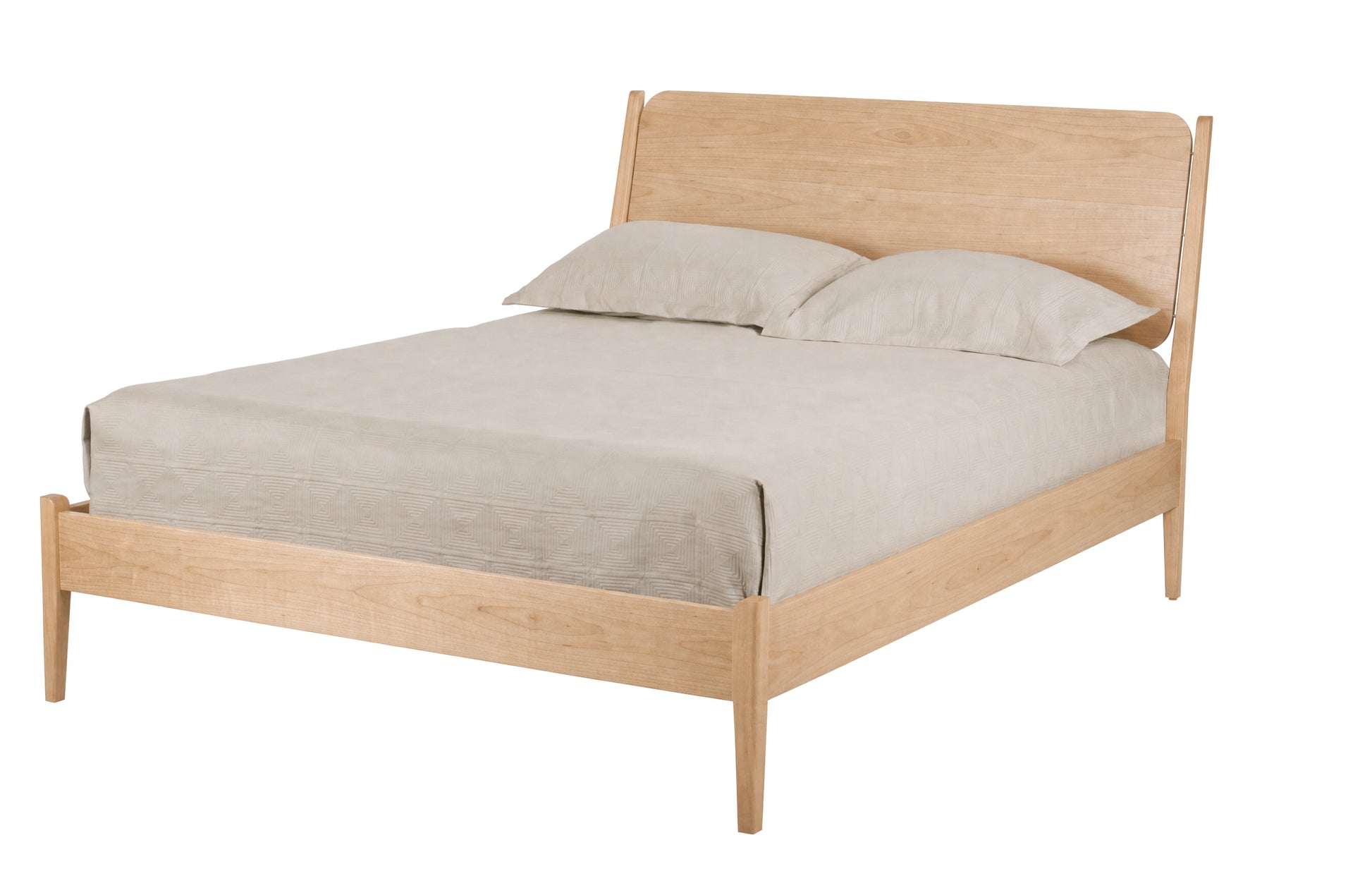 A mid-century modern Maple wooden bed frame, styled with a cream-colored mattress and two matching pillows, shown against a solid white background.
