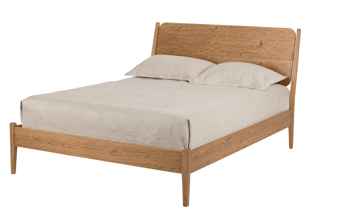 A mid-century modern wooden bed frame with a natural oak finish, shown with a light beige linen sheet and two pillows against a solid white background.