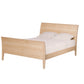 A light natural wood bed frame with a slatted headboard and footboard, shown with white bedding and two pillows on a solid white background.