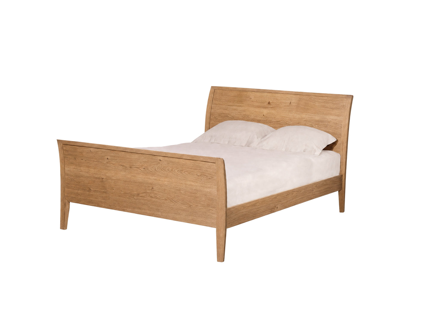 A light oak wood bed frame with a curved headboard and footboard, shown with white bedding and two pillows against a solid white background.