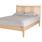 Contemporary Maple wood bed with slats and panels on headboard. Featuring light toned bedding and matching pillows on white background. 