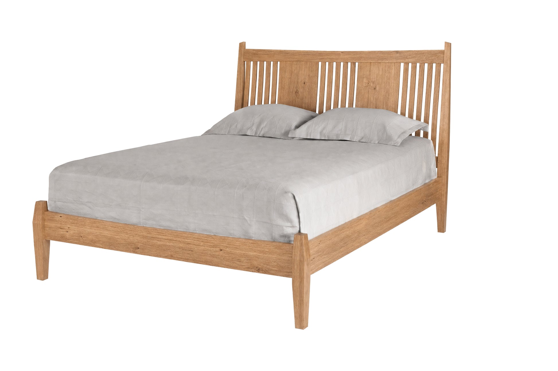 Contemporary Oak wood bed with slats and panels on headboard. Featuring light toned bedding and matching pillows on white background. 
