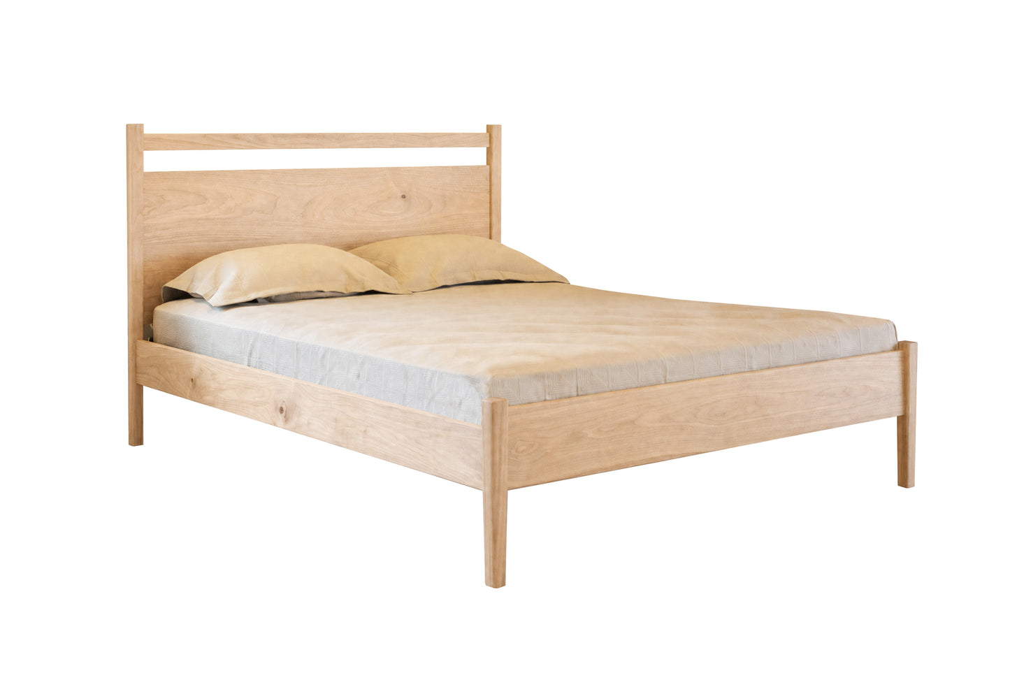 A light Maple wood bed frame with a matching headboard and footboard, shown with a mattress and two pillows on a plain white background.