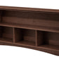 A dark brown wooden bookcase with three open cubby shelves, shown from a three-quarter angle against a plain white background.