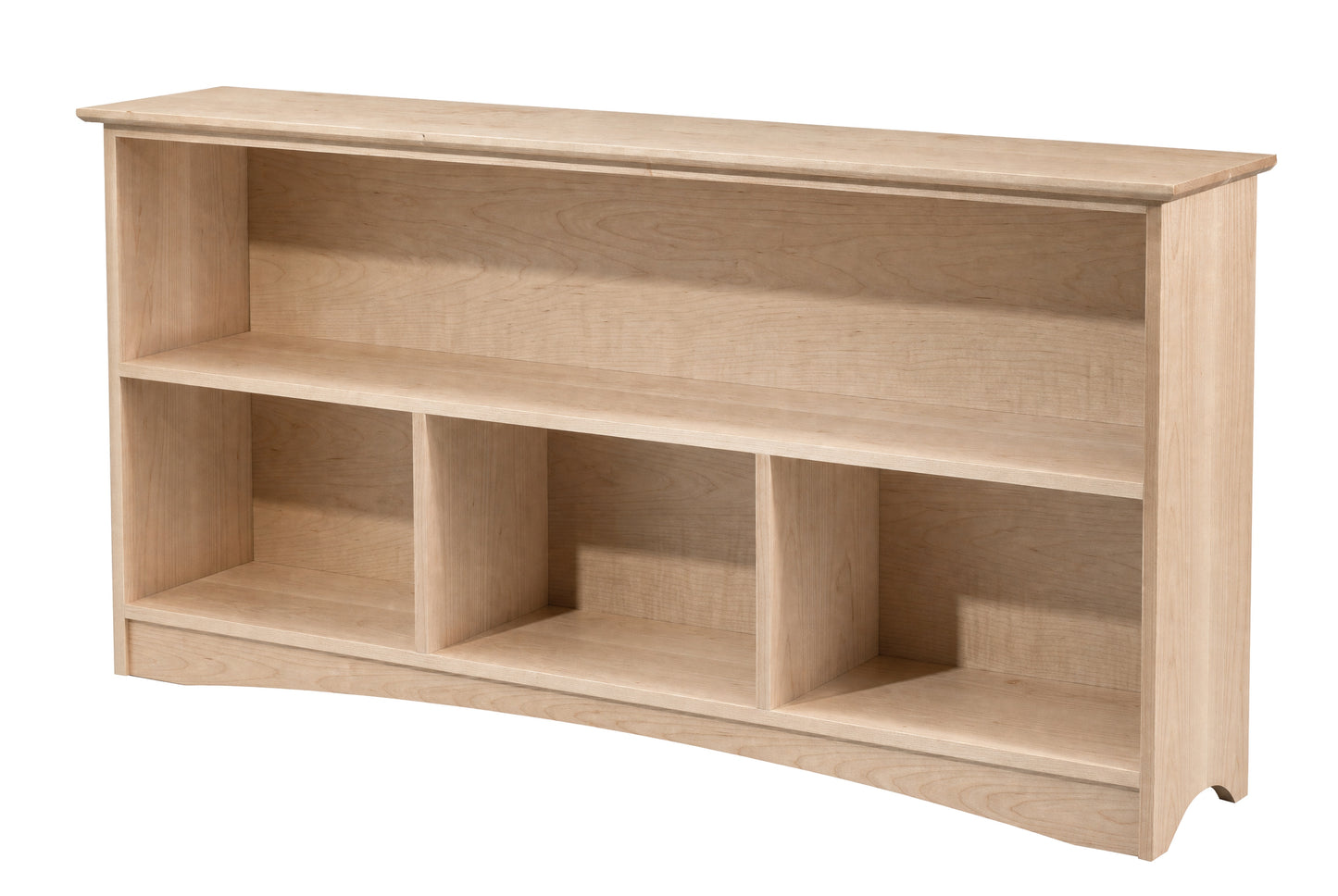 A light natural wood bookcase with three open shelves and three vertical dividers, shown from a three-quarter angle on a white background.