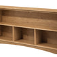 A wooden bookcase with three open cubby shelves, shown from a three-quarter angle against a plain white background.