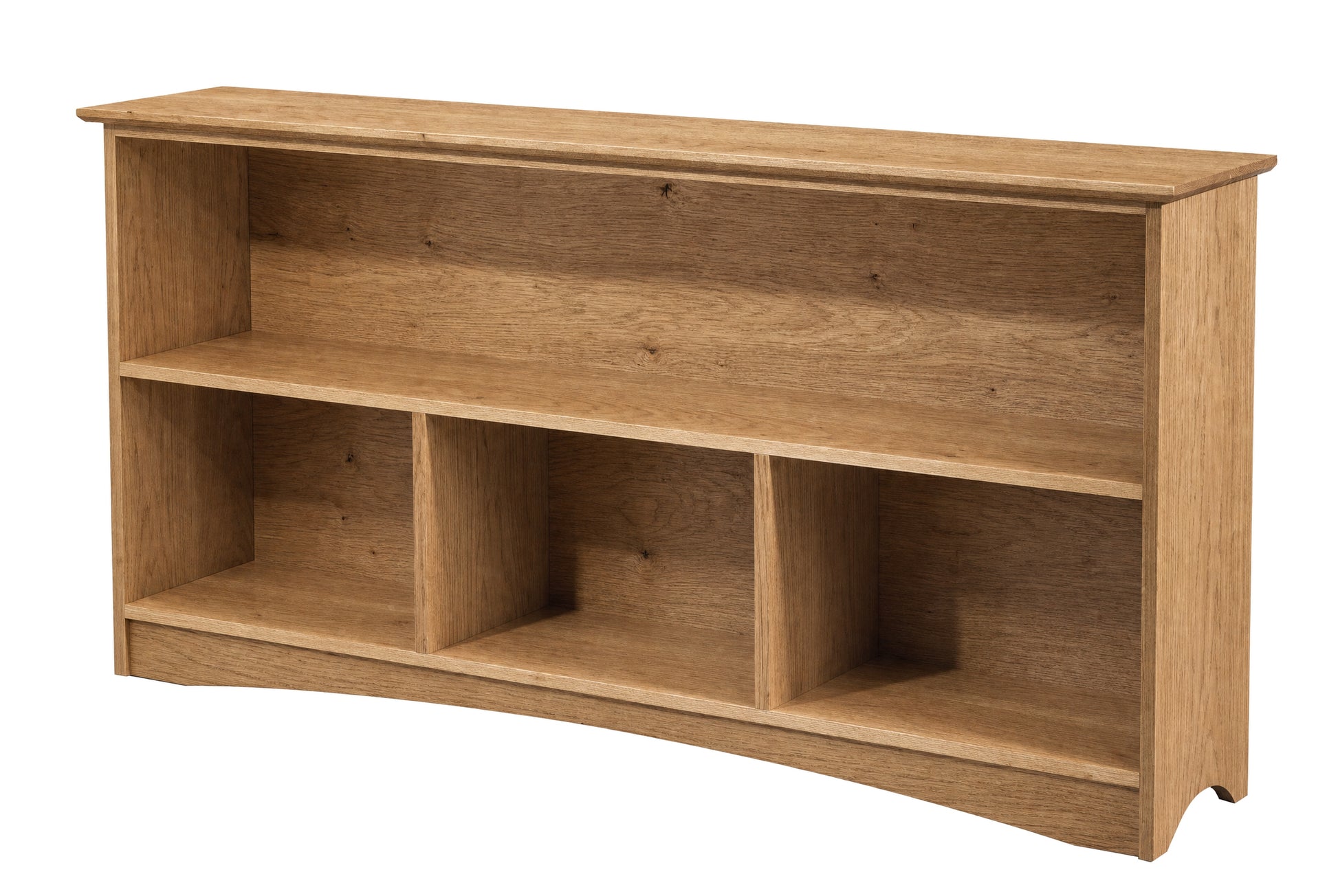 A wooden bookcase with three open cubby shelves, shown from a three-quarter angle against a plain white background.