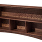 A dark brown wooden bookcase with three open shelves and a curved bottom edge, shown against a plain white background.