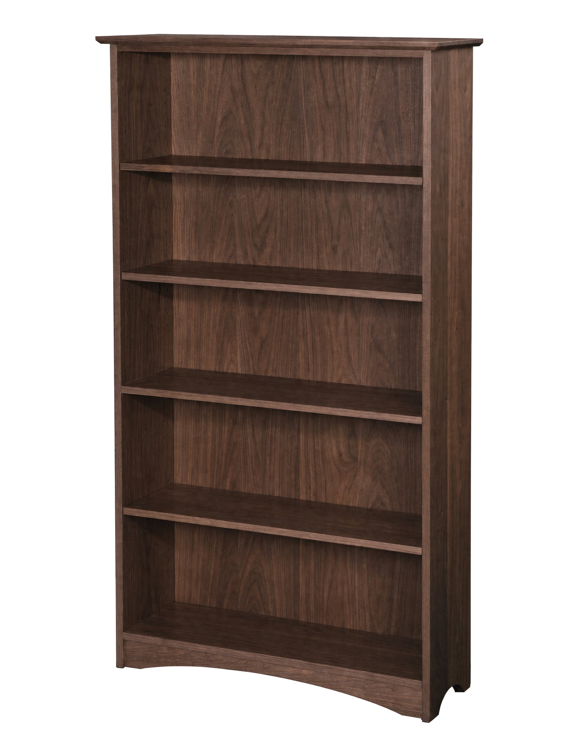 A 5-tier wooden bookcase with a dark brown walnut finish and a gently curved bottom edge, shown against a plain white background.