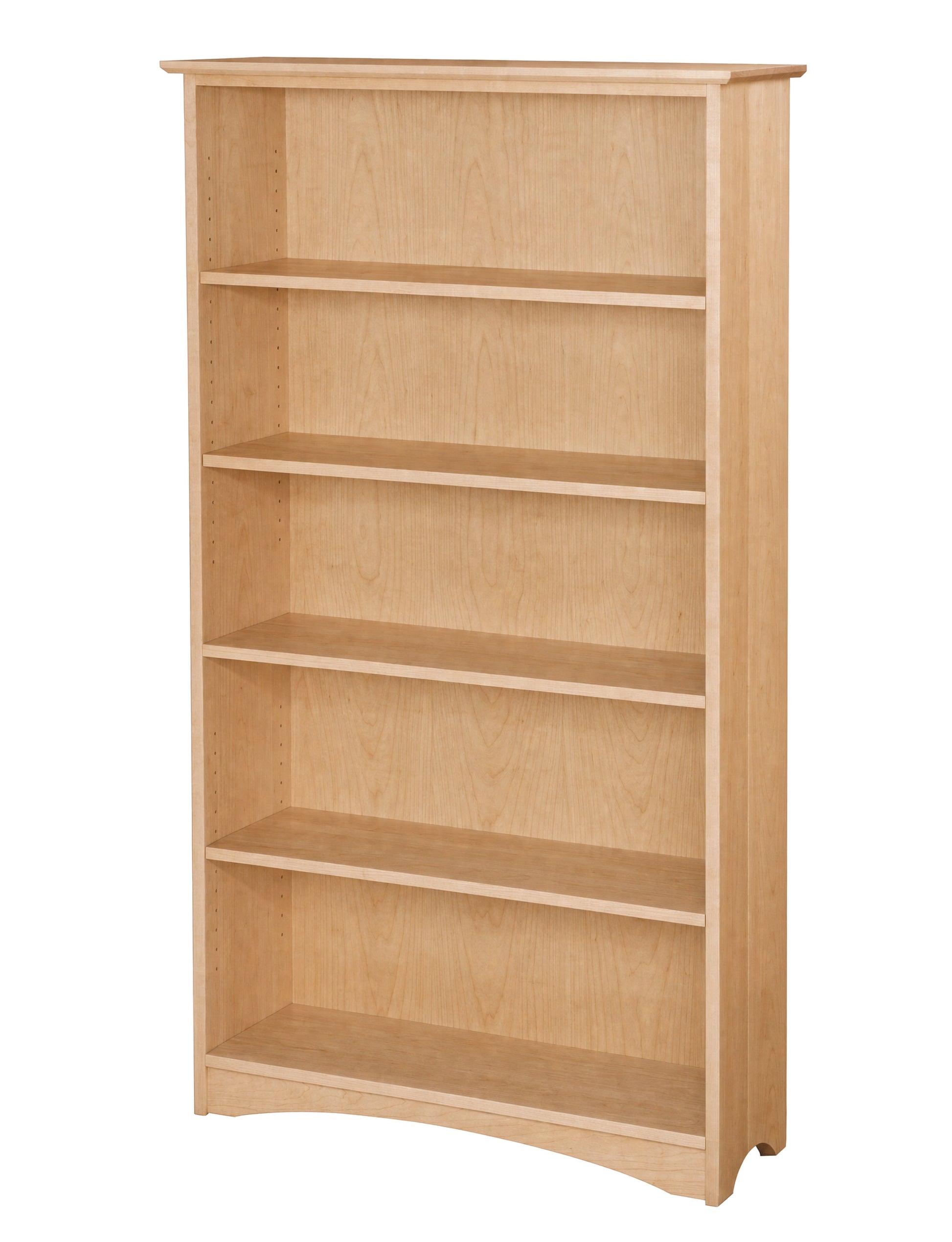 A tall, five-shelf wooden bookcase in a light natural oak finish, shown from a three-quarter angle against a plain white background.