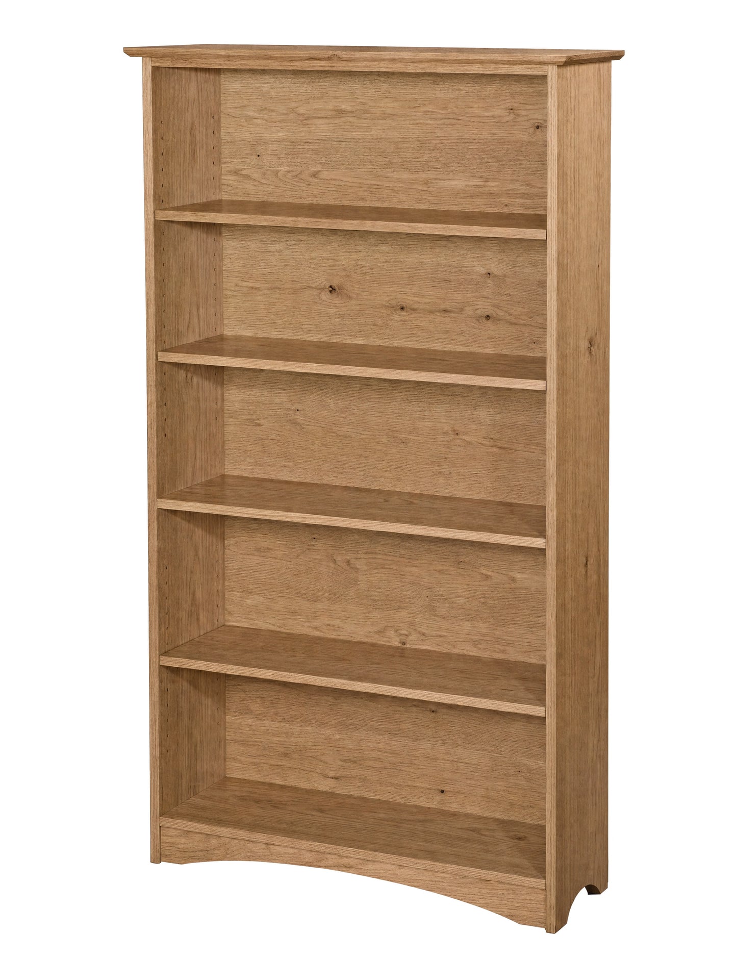 A five-tier wooden bookcase with a natural oak finish, featuring a curved bottom edge and a flat top, shown against a plain white background.