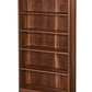 A tall, five-shelf wooden bookcase with a rich walnut finish, shown from a three-quarter angle against a plain white background.