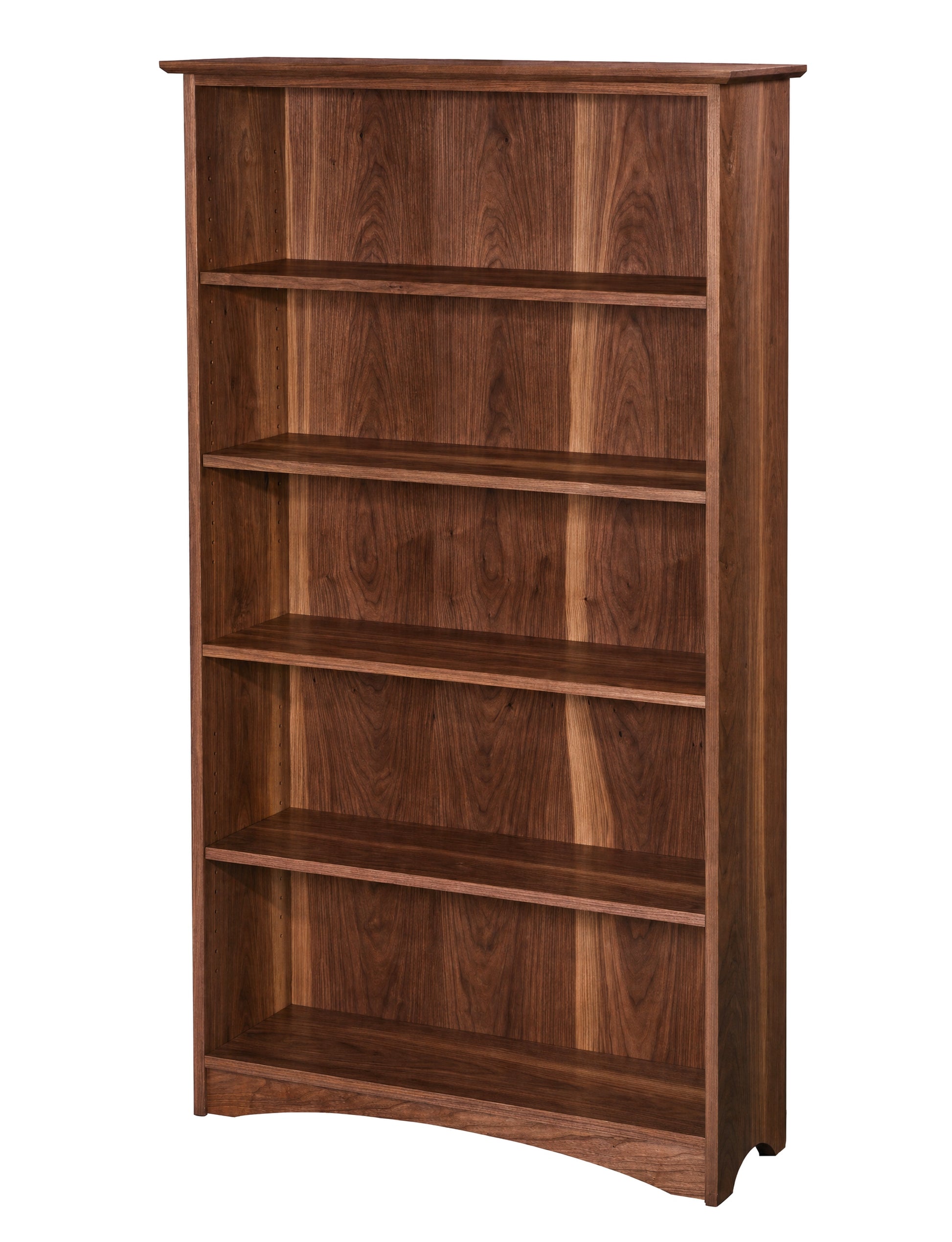 A tall, five-shelf wooden bookcase with a rich walnut finish, shown from a three-quarter angle against a plain white background.