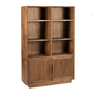 A tall wooden bookcase with a warm Walnut finish, featuring six open shelves on the upper section and two cabinet doors on the lower section, shown against a plain white background.